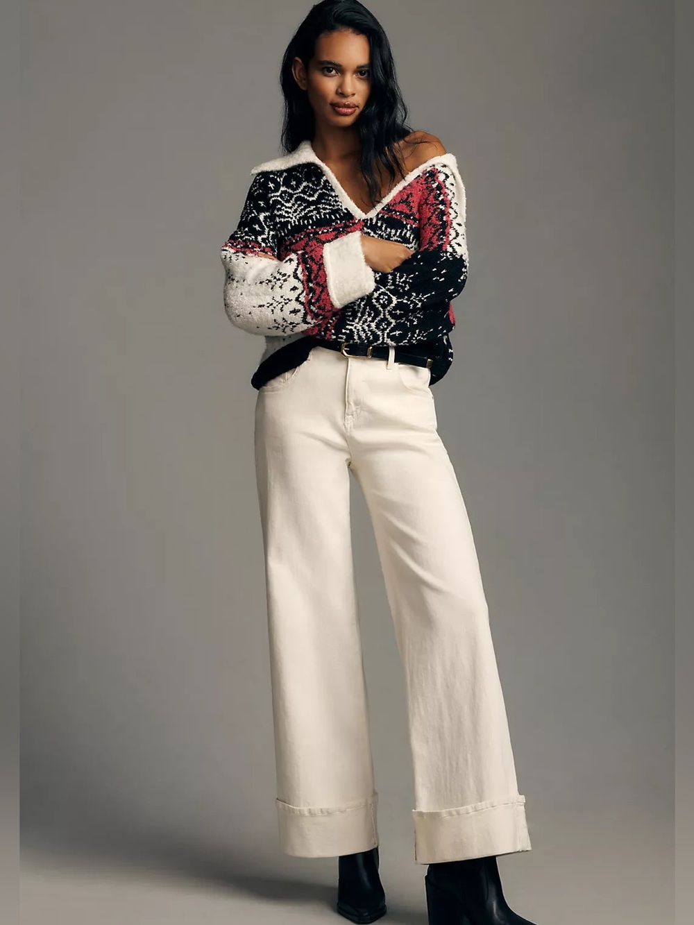 Pilcro V-Neck Fuzzy Printed Popover Sweater Fair Isle Medium